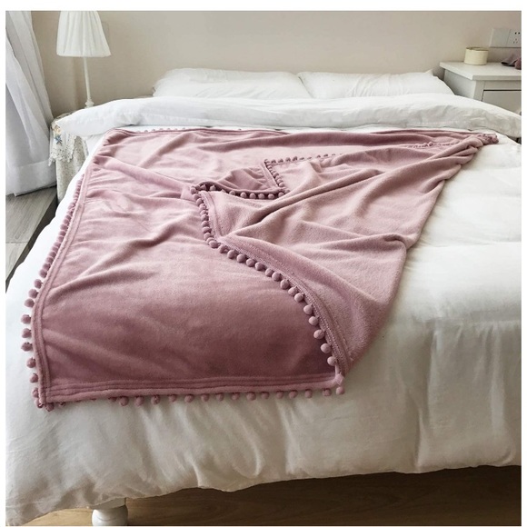 Dusty Pink Modern Trendy Pompom Fringe Chic Cozy Soft Throw Blanket/Cover - Picture 5 of 16